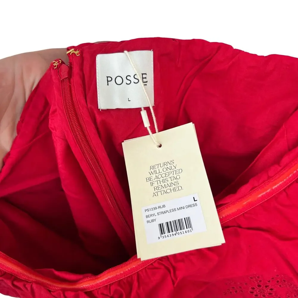 NWT POSSE Beryl Strapless Mini Dress Pockets Ruby Red Cotton Eyelet Lined L - Picture 11 of 13